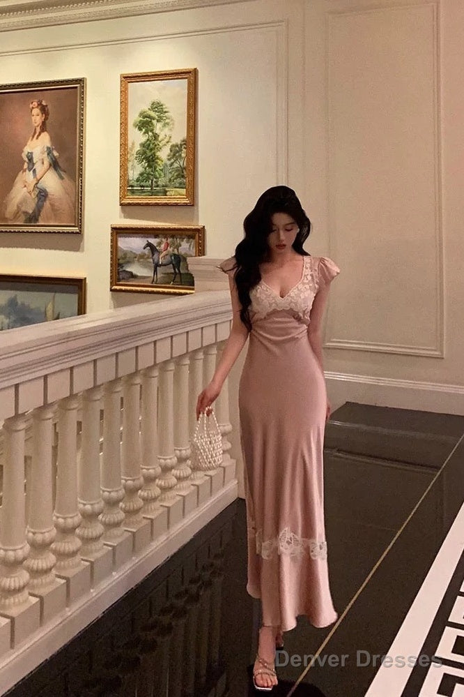 Sexy French Sheath V Neckline Long Pink Prom Dresses Birthday Outfits Evening Gown Main image