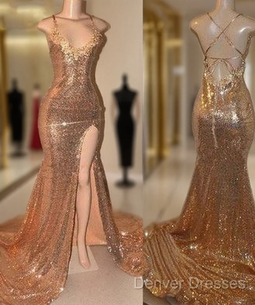 Sexy Gold Sequin Spaghetti-Straps Slit Prom Dress Main image