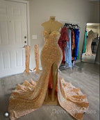 Sexy Gold Sequins Prom Dress Mermaid Long Black Girl Evening Formal Dress