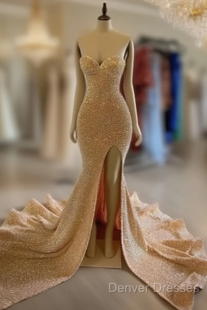Sexy Gold Sequins Prom Dress Mermaid Long Black Girl Evening Formal Dress