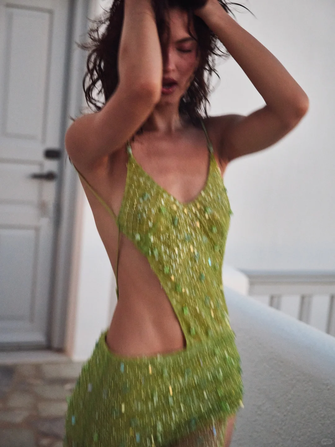 Sexy Green Sheath Spaghetti Strap Beaded Tulle Prom Dress Evening Dress With Slit Secondary image