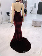 Sexy Halter Burgundy Winter Wedding Guest Dress Velvet Prom Dress Sleeveless