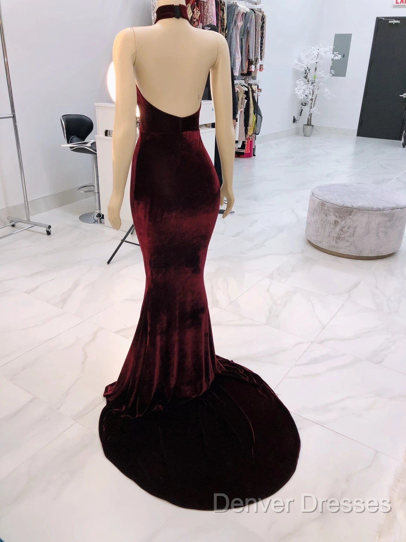 Sexy Halter Burgundy Winter Wedding Guest Dress Velvet Prom Dress Sleeveless
