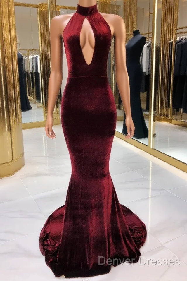Sexy Halter Burgundy Winter Wedding Guest Dress Velvet Prom Dress Sleeveless