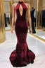 Sexy Halter Burgundy Winter Wedding Guest Dress Velvet Prom Dress Sleeveless