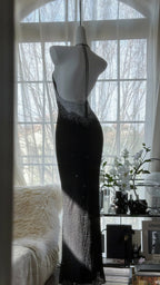 Sexy Halter Neck Backless Beaded Chiffon Black Mermaid Evening Gown Prom Dress
