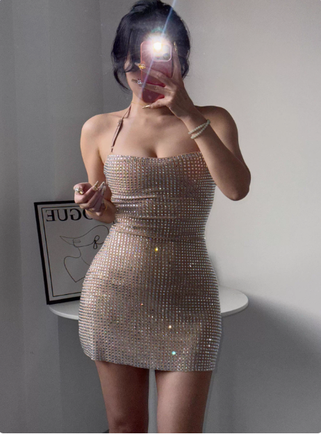 Sexy Halter Neck Super Sparkling Rhinestone Hip-Wrapped Birthday Short Skirt Homecoming Dress