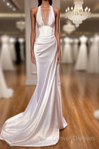 Sexy Halter V-Neck Mermaid Prom Dress Ruffle Satin Long Party Dress