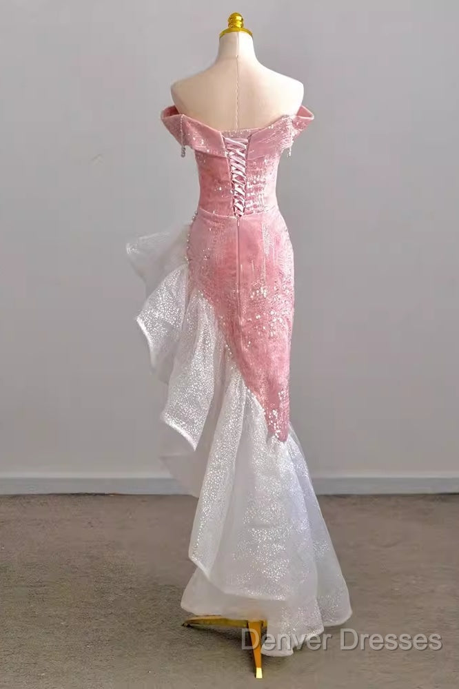 Sexy High Low Off The Shoulder Pink Velvet Prom Dress