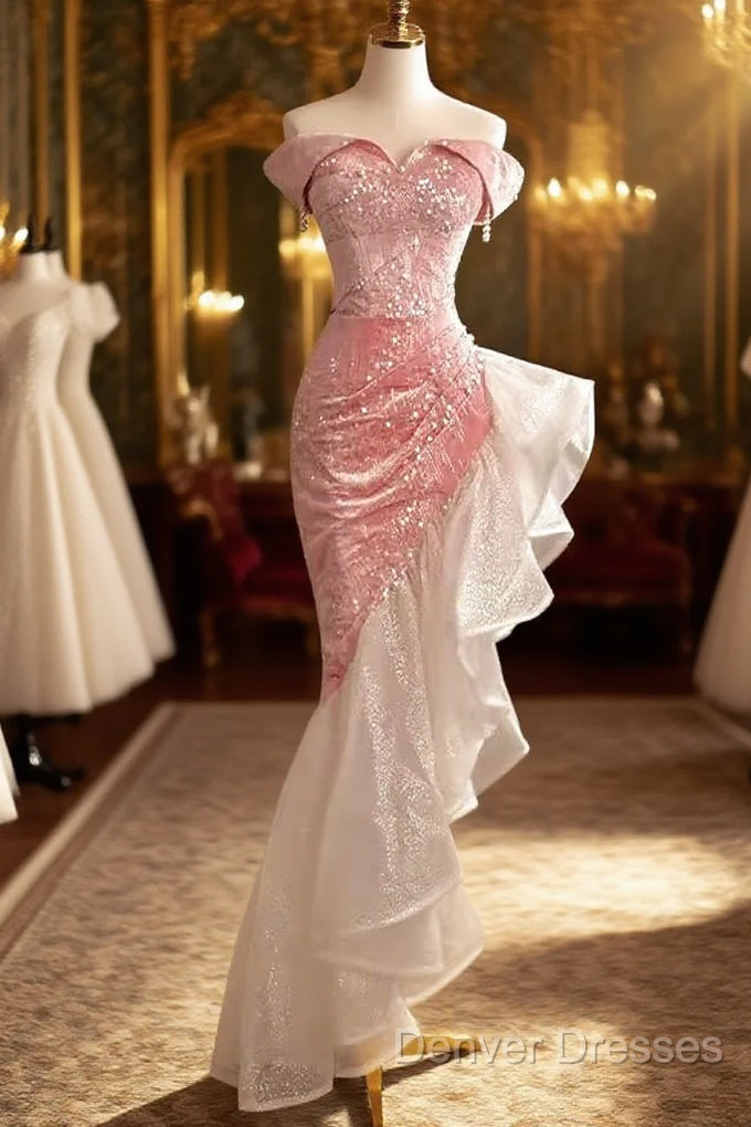 Sexy High Low Off The Shoulder Pink Velvet Prom Dress Main image