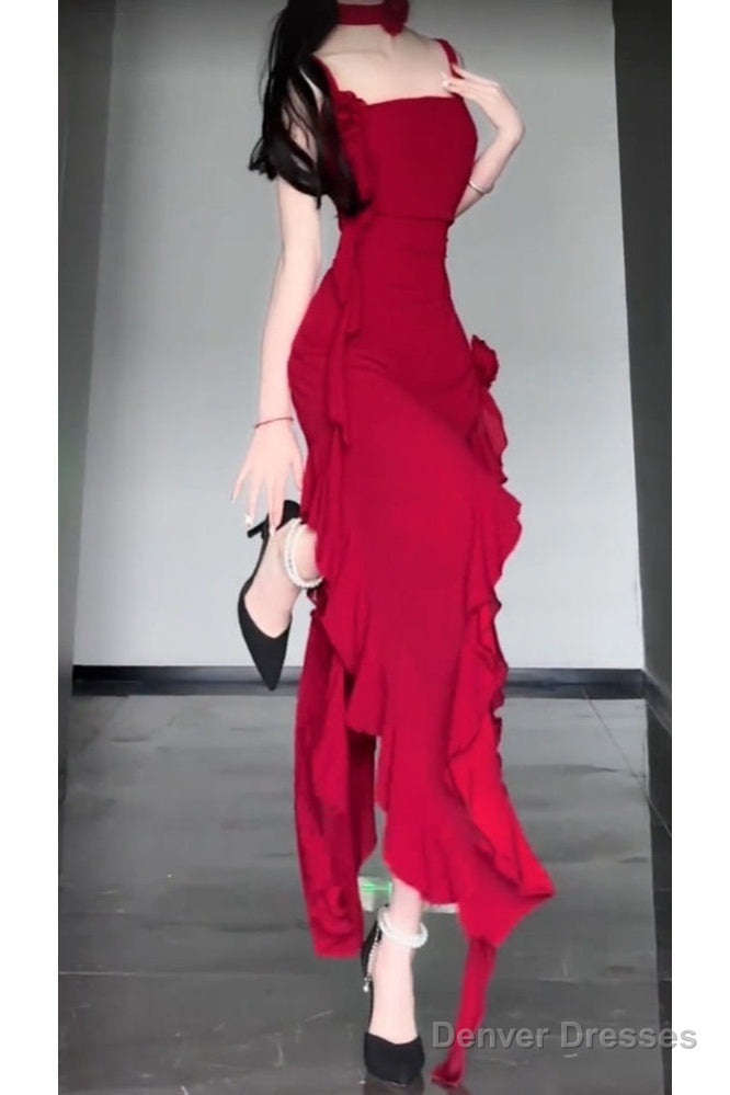 Sexy High Low Spaghetti Straps Christmas Dress Red Prom Dresses Birthday Outfits Secondary image