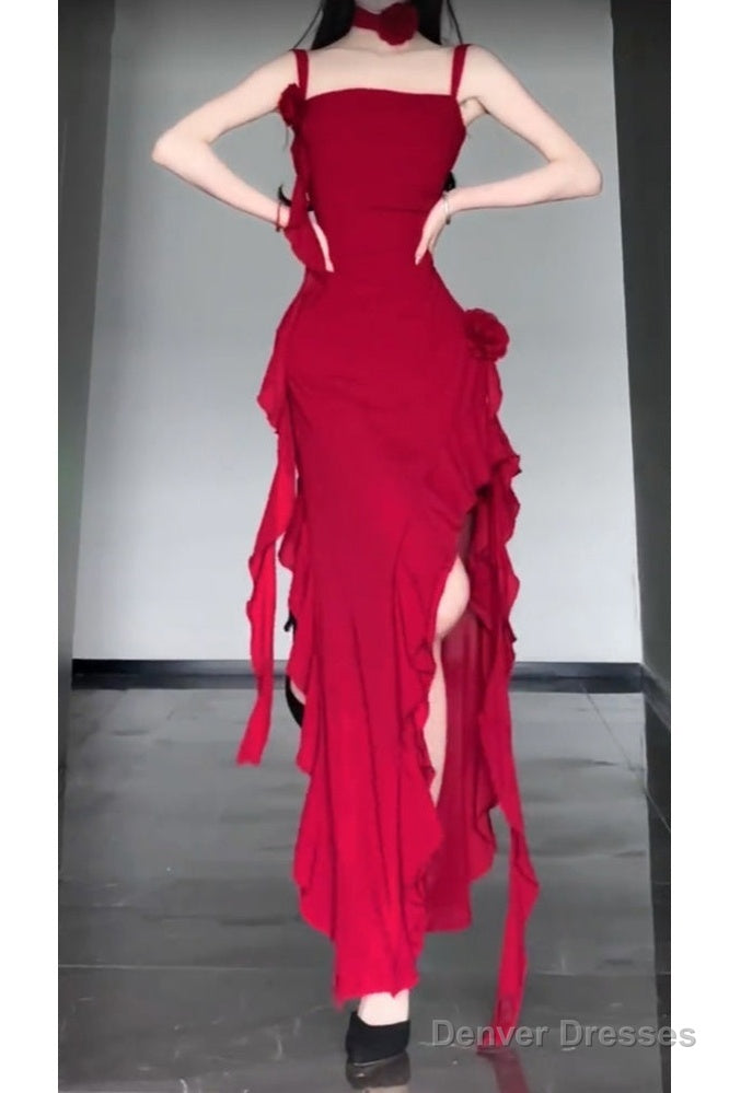 Sexy High Low Spaghetti Straps Christmas Dress Red Prom Dresses Birthday Outfits Main image