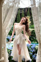Sexy High Low Spaghetti Straps Ivory Holiday Dresses Night Dress Birthday Outfits
