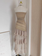 Sexy High Low Strapless Champagne Chiffon Ruffles Vacation Dress Women Dress