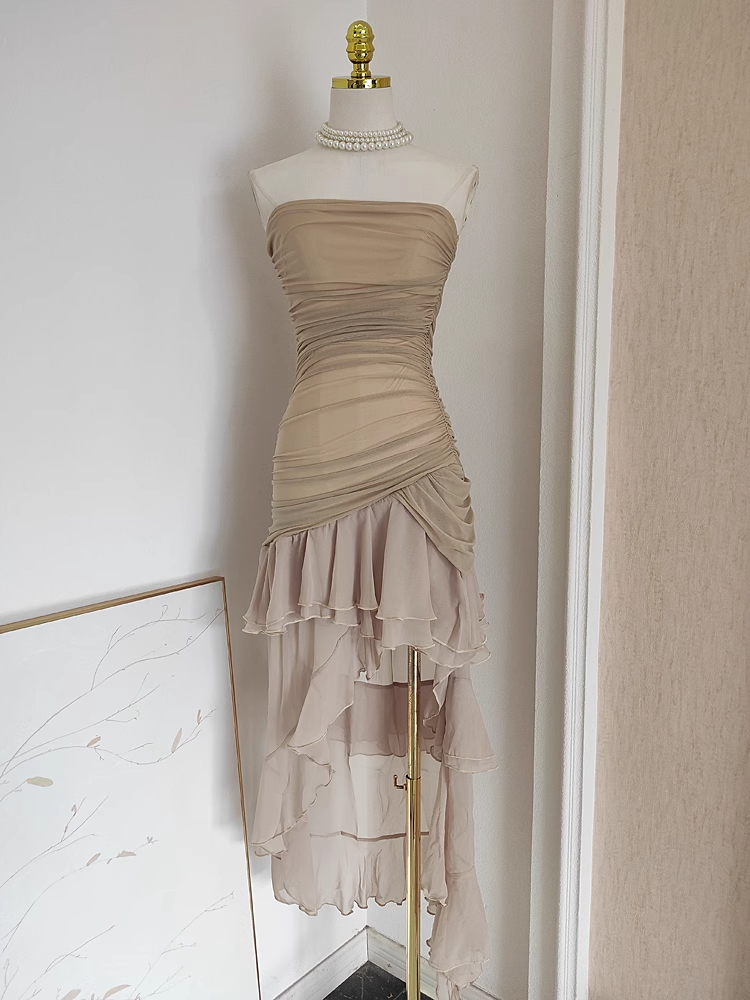 Sexy High Low Strapless Champagne Chiffon Ruffles Vacation Dress Women Dress Main image