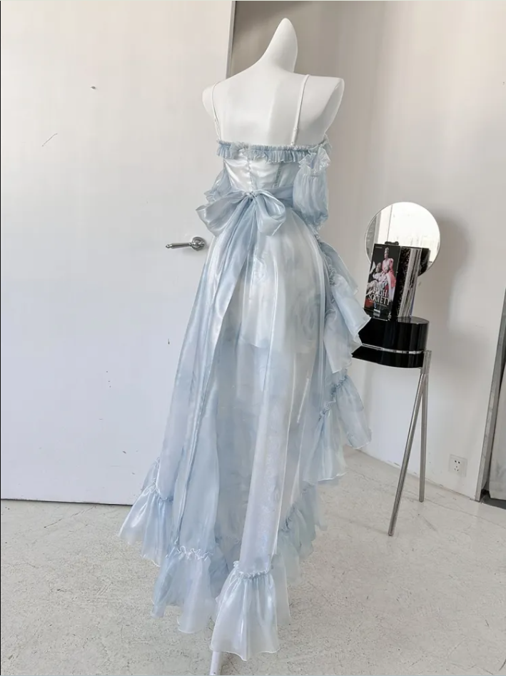 Sexy High Low Straps Blue Prom Dress 21Th Birthday Outfit