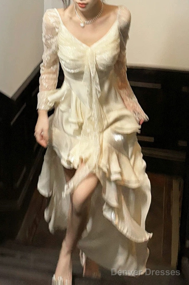 Sexy High Low V Neckline White Lace Ruffles Long Evening Dress Lace Prom Dresses Secondary image