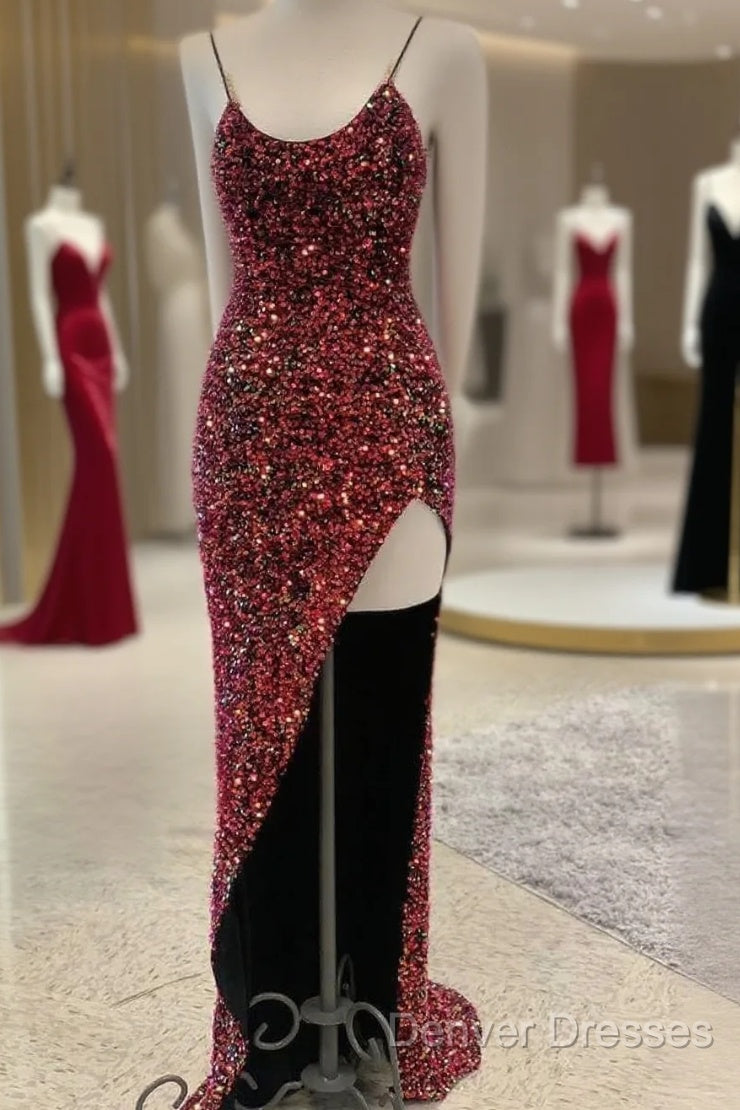 Sexy Iridescent Burgundy Sequin Prom Dress Straps Glitter Evening Dress Uk Main image