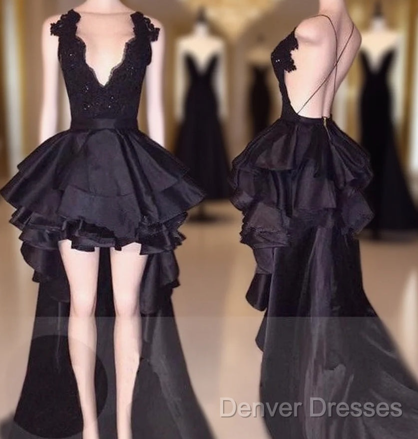 Sexy Layered Hi-Lo Lace Black Prom Dress