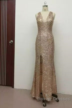 Sexy Leg Split Open Back Mermaid Sequins Prom Dress
