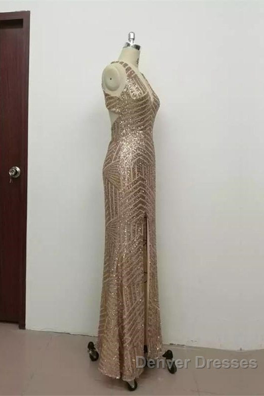 Sexy Leg Split Open Back Mermaid Sequins Prom Dress