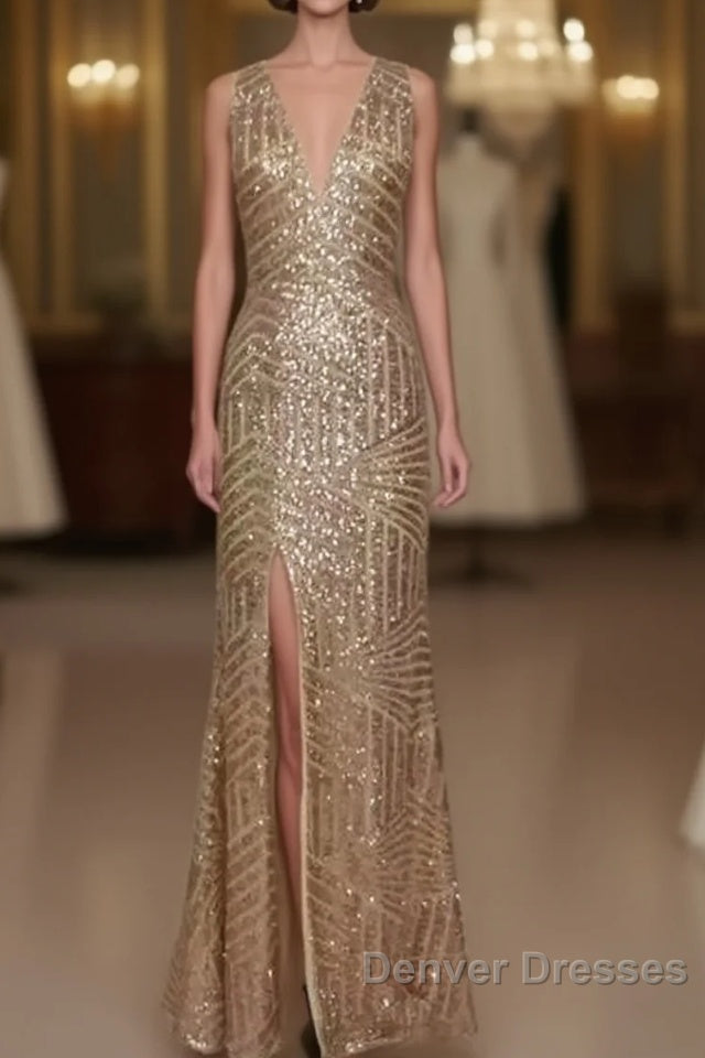 Sexy Leg Split Open Back Mermaid Sequins Prom Dress