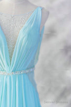 Sexy Light Blue Chiffon Backless Long Evening Gown, Blue Party Dress