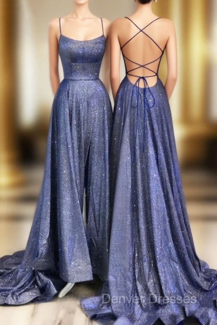 Sexy Long A-line Spaghetti Straps Backless Ruffles Prom Dress with Slit Main image