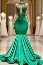 Sexy Long Green Lace Prom Dress Open Back Mermaid Halter Dress