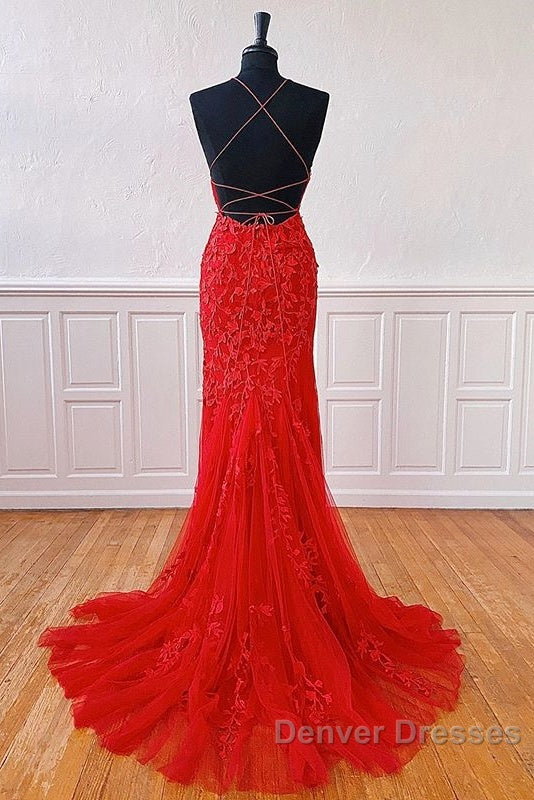 Sexy Long Lace Red Prom Dress Open Back