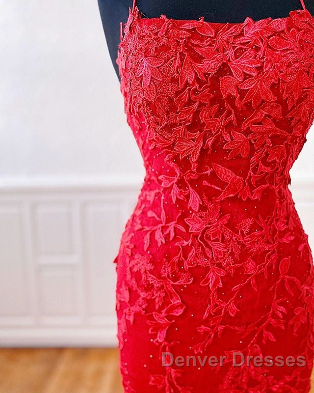 Sexy Long Lace Red Prom Dress Open Back