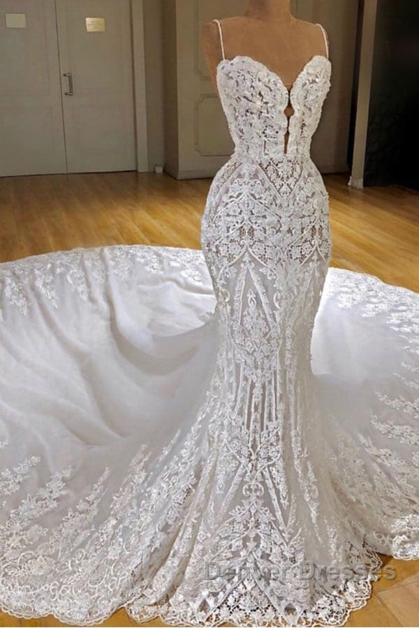 Sexy Long Mermaid V-neck Spaghetti Straps Appliques Lace Wedding Dress Secondary image