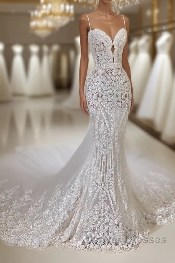 Sexy Long Mermaid V-neck Spaghetti Straps Appliques Lace Wedding Dress Main image