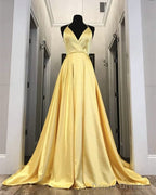 Sexy Long Satin V-Neck Prom Dresses Split Evening Gowns