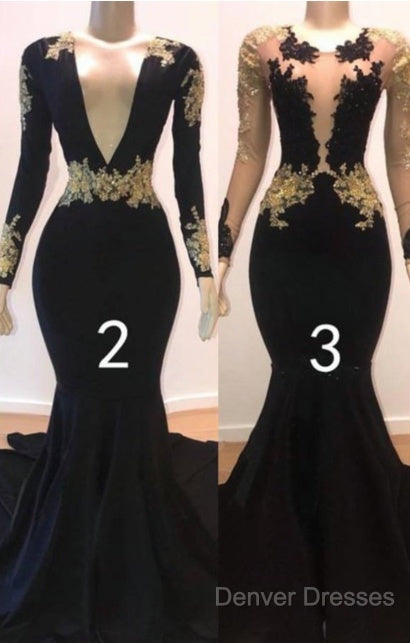 Sexy Long Sleeve Black Gold Prom Dress V Neck Appliques Formal Dress Secondary image