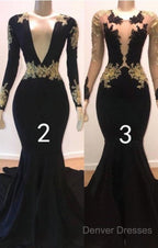 Sexy Long Sleeve Black Gold Prom Dress V Neck Appliques Formal Dress