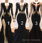 Sexy Long Sleeve Black Gold Prom Dress V Neck Appliques Formal Dress
