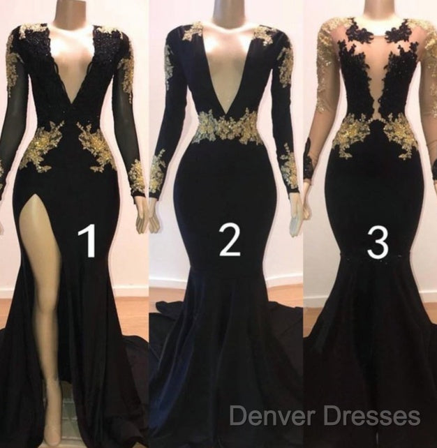 Sexy Long Sleeve Black Gold Prom Dress V Neck Appliques Formal Dress