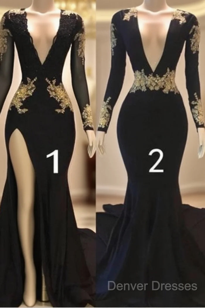 Sexy Long Sleeve Black Gold Prom Dress V Neck Appliques Formal Dress Main image