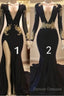 Sexy Long Sleeve Black Gold Prom Dress V Neck Appliques Formal Dress