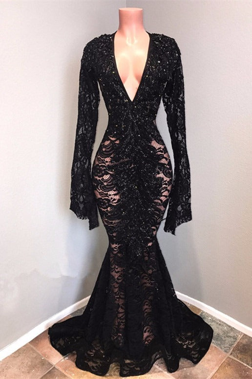 Sexy Long Sleeves Black Mermaid Prom Dress Lace V-neck Long