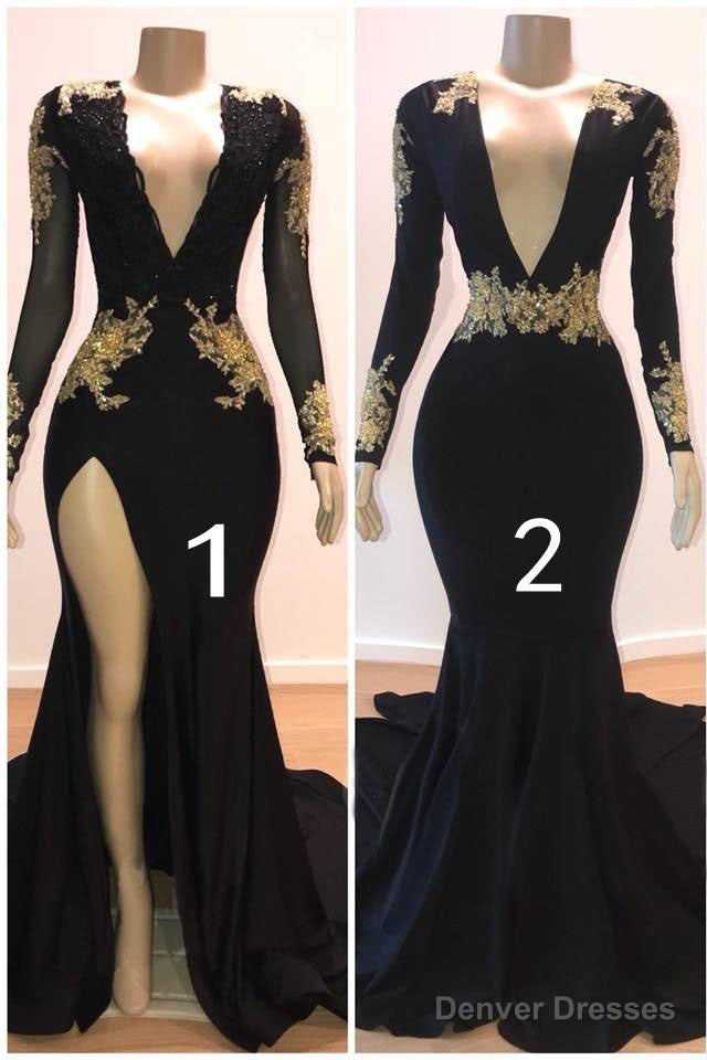 Sexy Long Sleeves Black Mermaid Prom Dress Sequins Long Deep V-neck With Split Main image