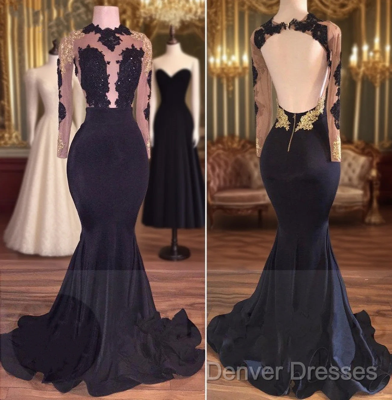 Sexy Mermaid Black Gold Long-Sleeve Prom Dress Main image
