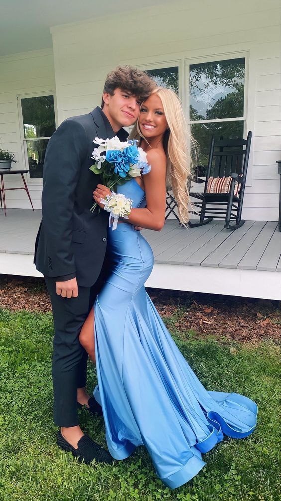 Sexy Mermaid Blue Slit Evening Prom Dress Birthday Outfits Main image