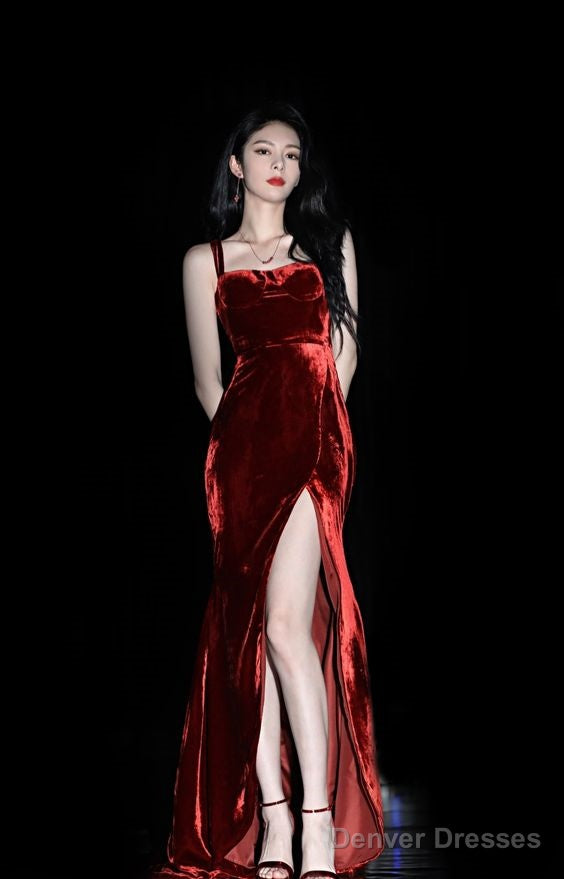 Sexy Mermaid Burgundy Velvet Long Slit Prom Dresses