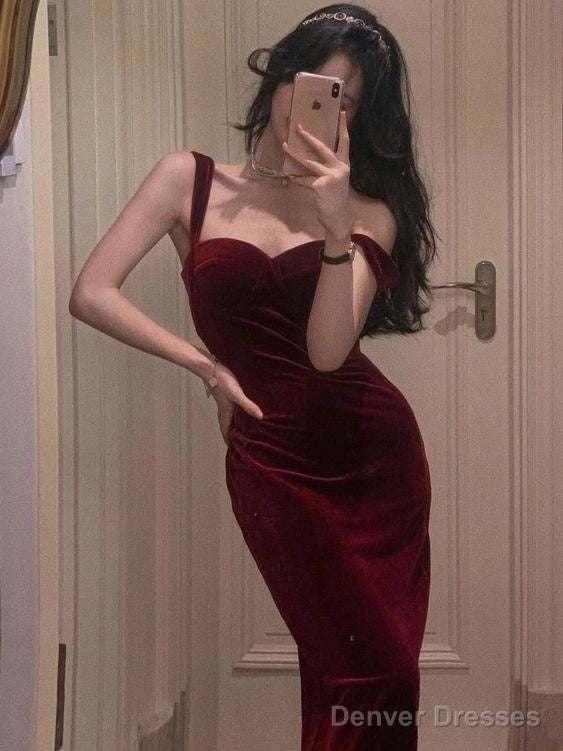 Sexy Mermaid Burgundy Velvet Prom Dresses