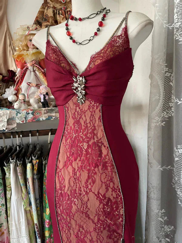 Sexy Mermaid Spaghetti Straps Red Lace Prom Dress Long Party Dress