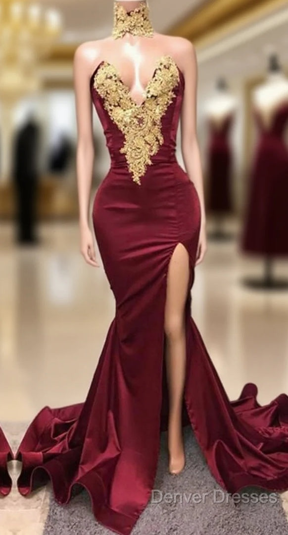 Sexy Mermaid Front-Split Lace High Neck Burgundy Prom Dress