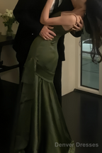 Sexy Mermaid Green Party Dresses Satin Long Prom Dresses