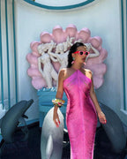Sexy Mermaid Halter Hot Pink Long Prom Dress